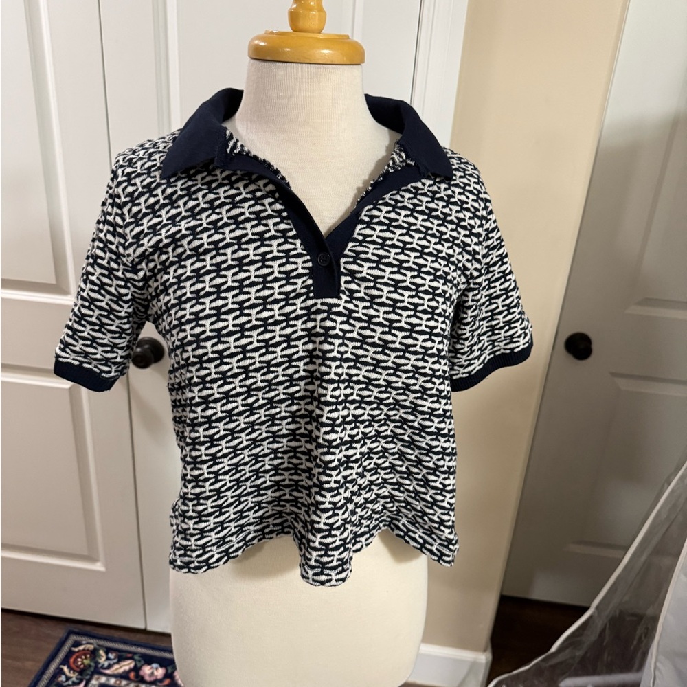 Zara navy  and White crop style  Knit polo Top